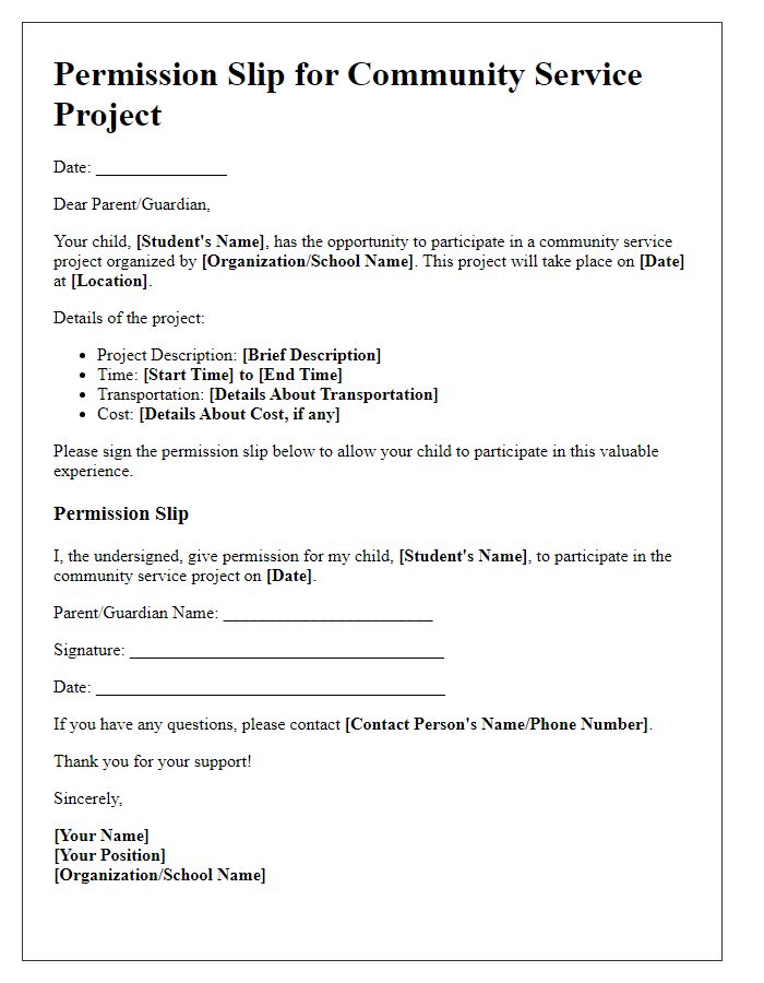 Letter template of student permission slip for community service project