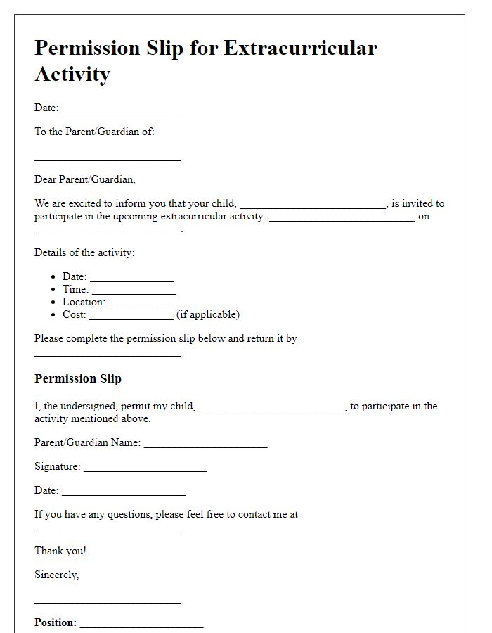 Letter template of student permission slip for extracurricular activity