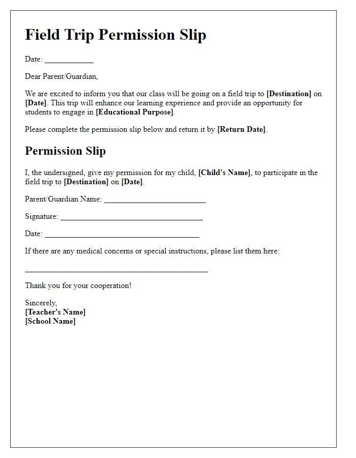 Letter template of student permission slip for field trip participation