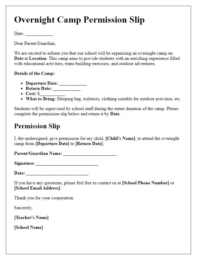 Letter template of student permission slip for overnight camp