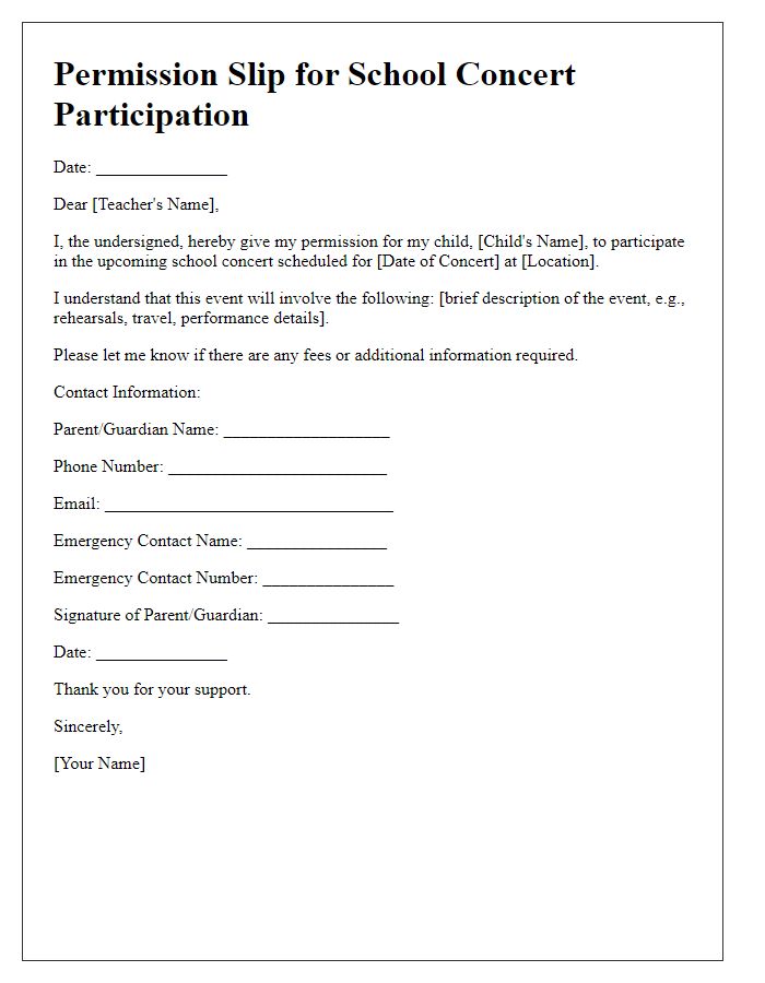 Letter template of student permission slip for school concert participation