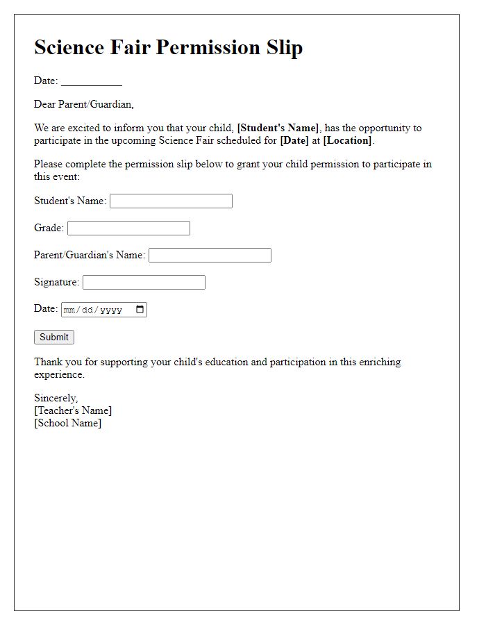 Letter template of student permission slip for science fair involvement