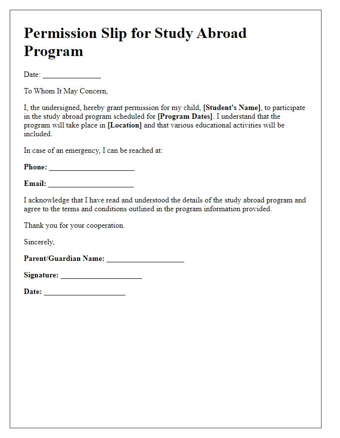 Letter template of student permission slip for study abroad program