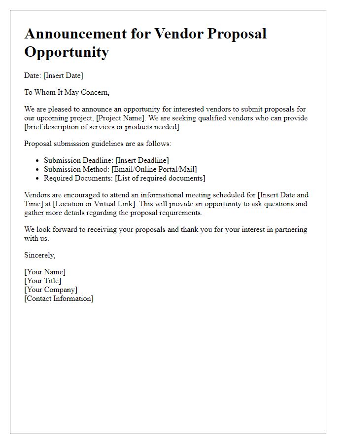 Letter template of announcement for vendor proposal opportunity