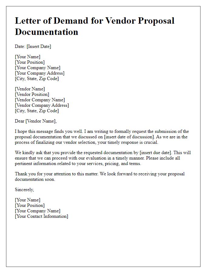 Letter template of demand for vendor proposal documentation