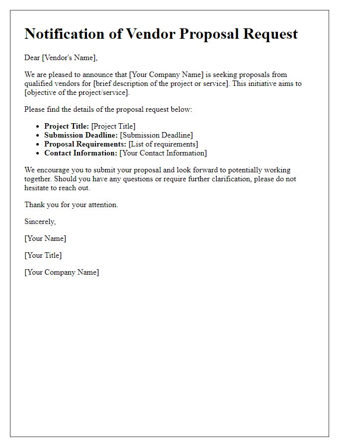 Letter template of notification for vendor proposal request