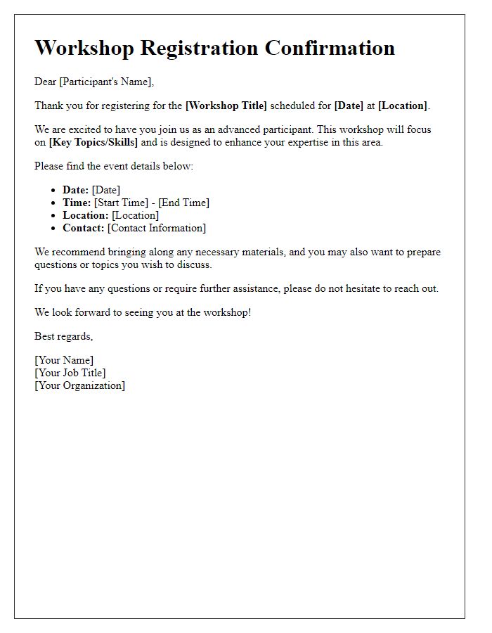 Letter template of workshop registration confirmation for advanced participants