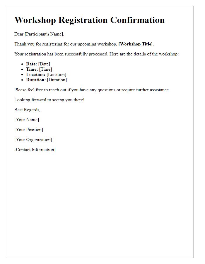 Letter template of workshop registration confirmation for beginners