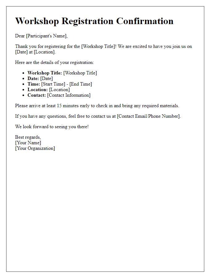 Letter template of workshop registration confirmation for community events