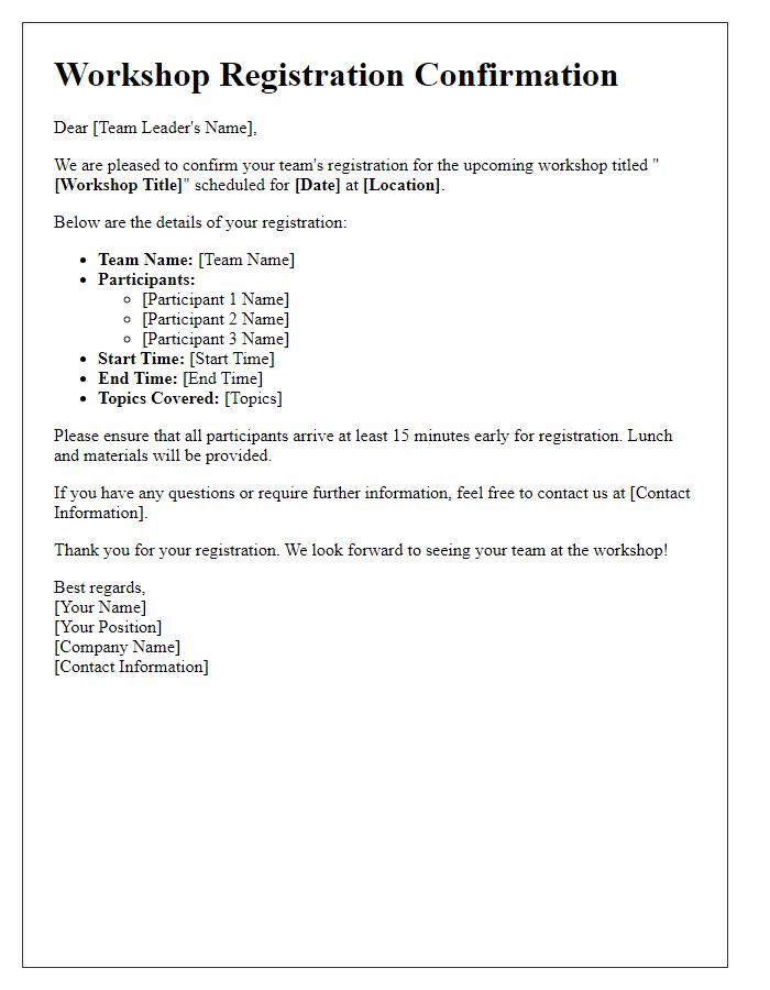 Letter template of workshop registration confirmation for corporate teams