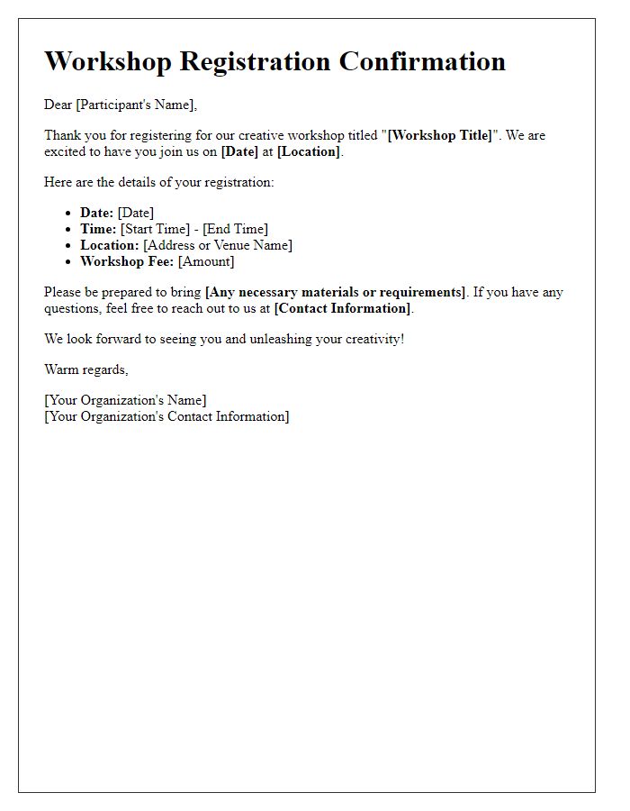 Letter template of workshop registration confirmation for creative workshops