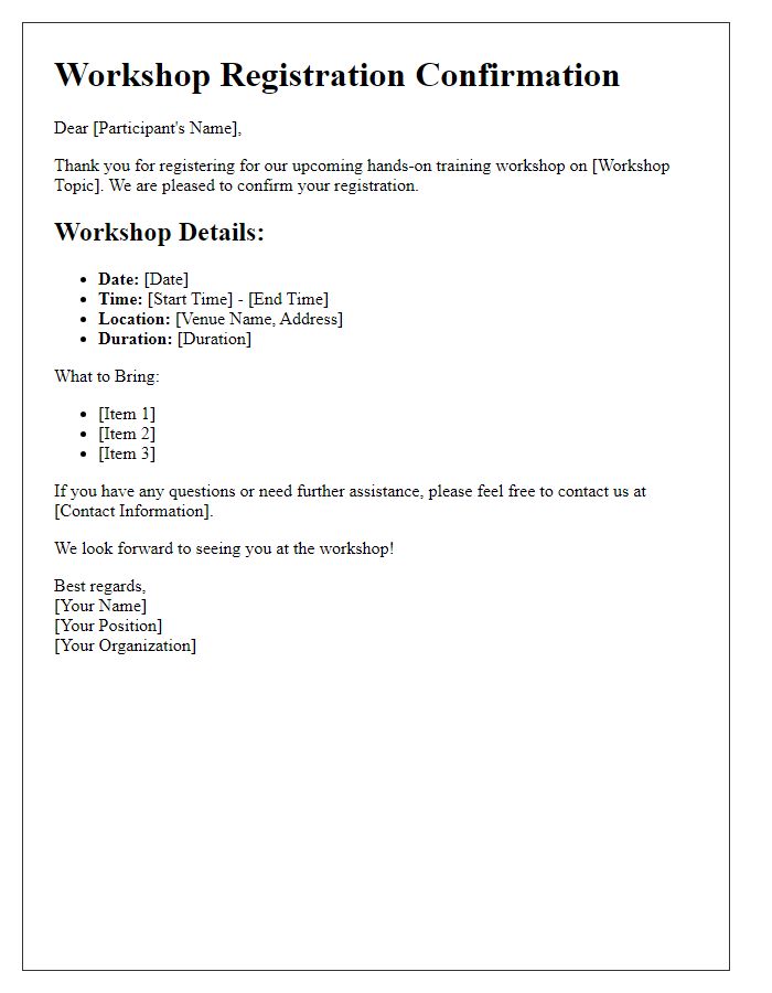 Letter template of workshop registration confirmation for hands-on training