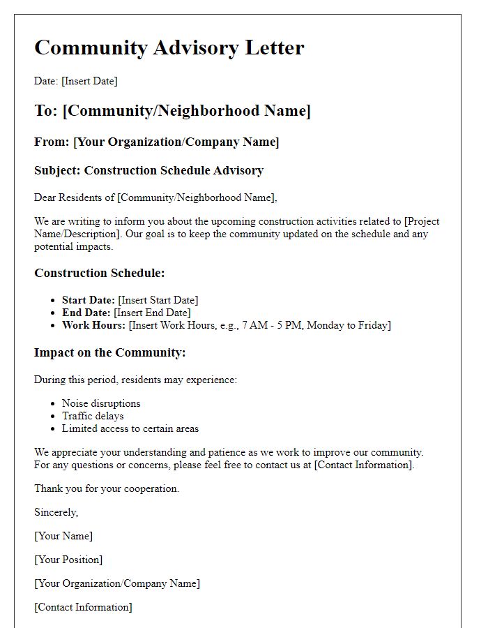 Letter template of community advisory for construction schedule