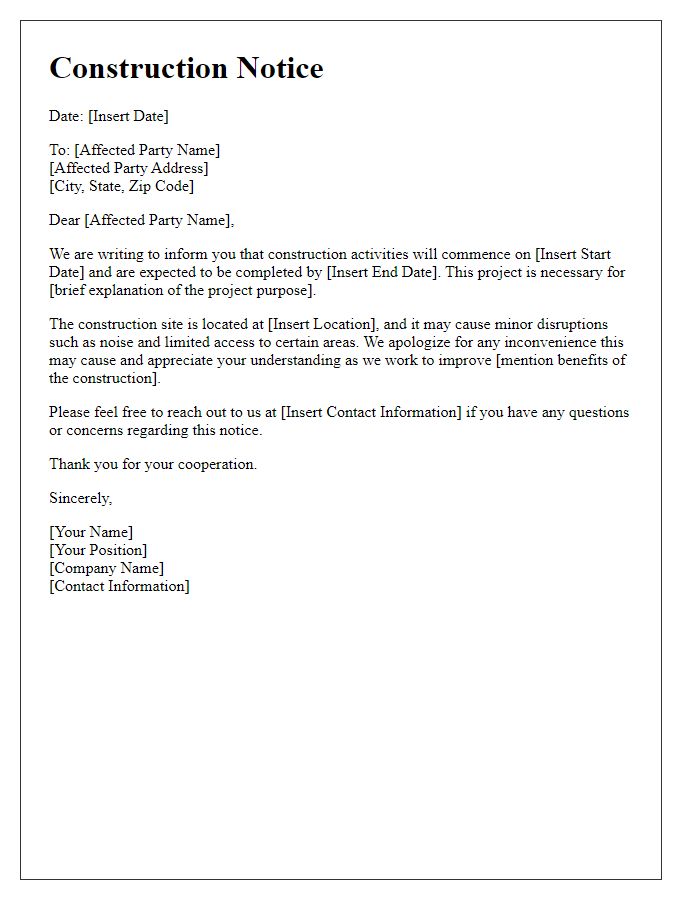 Letter template of construction notice for affected parties