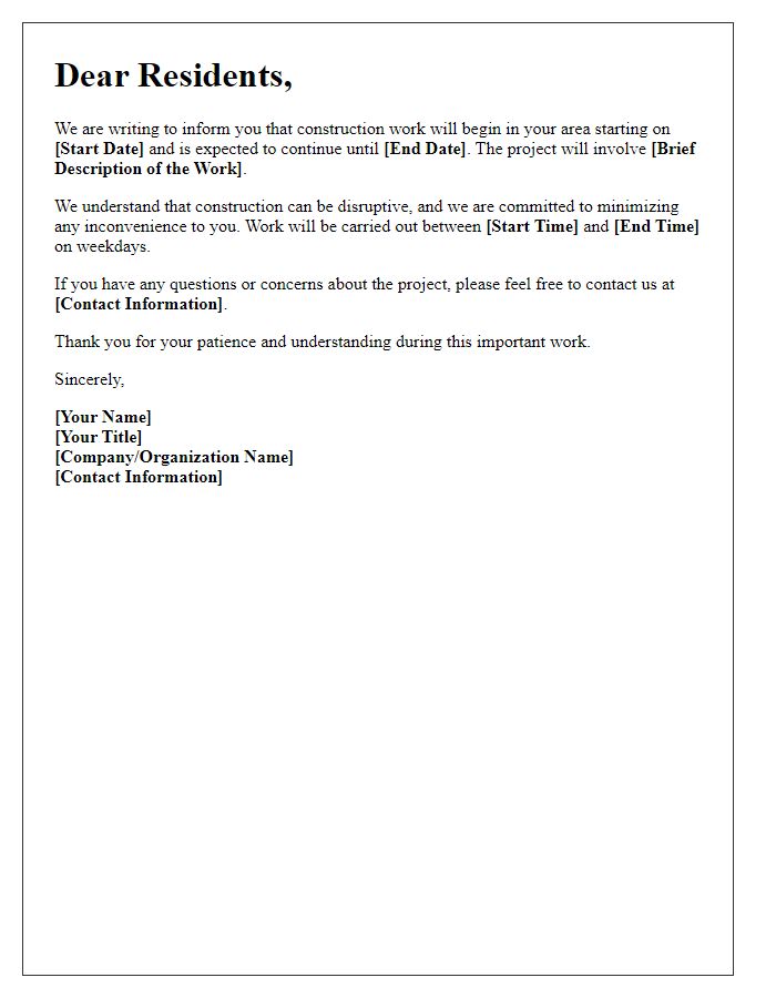 Letter template of construction work announcement to residents