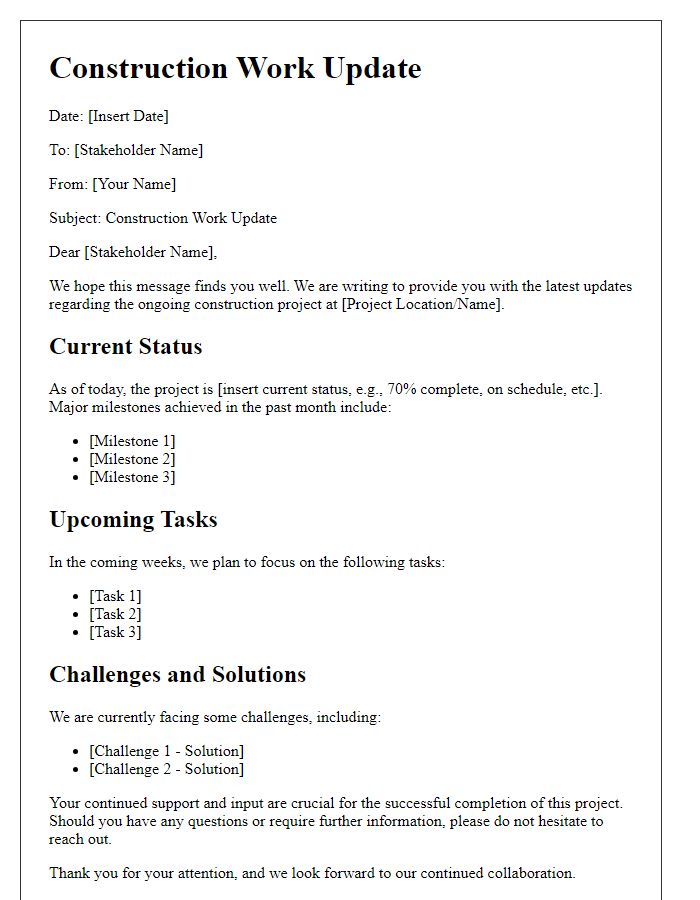 Letter template of construction work update for stakeholders