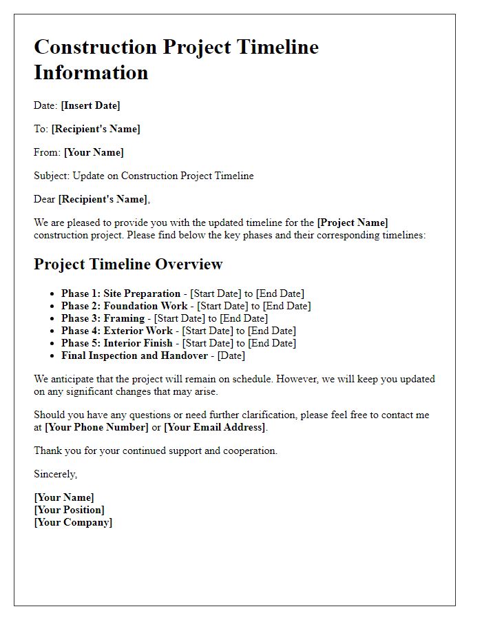 Letter template of information on construction project timeline