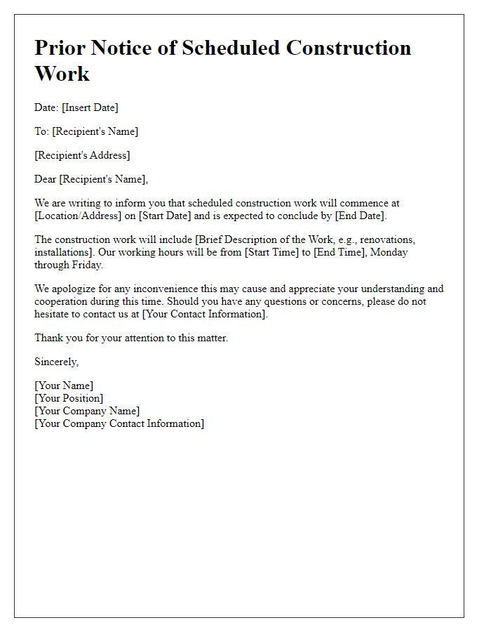 Letter template of prior notice for scheduled construction work