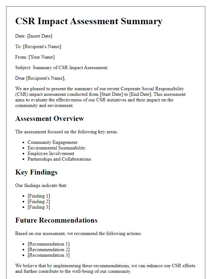 Letter template of CSR impact assessment summary