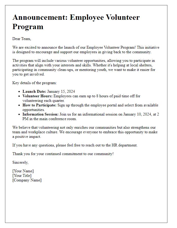 Letter template of employee volunteer program announcement