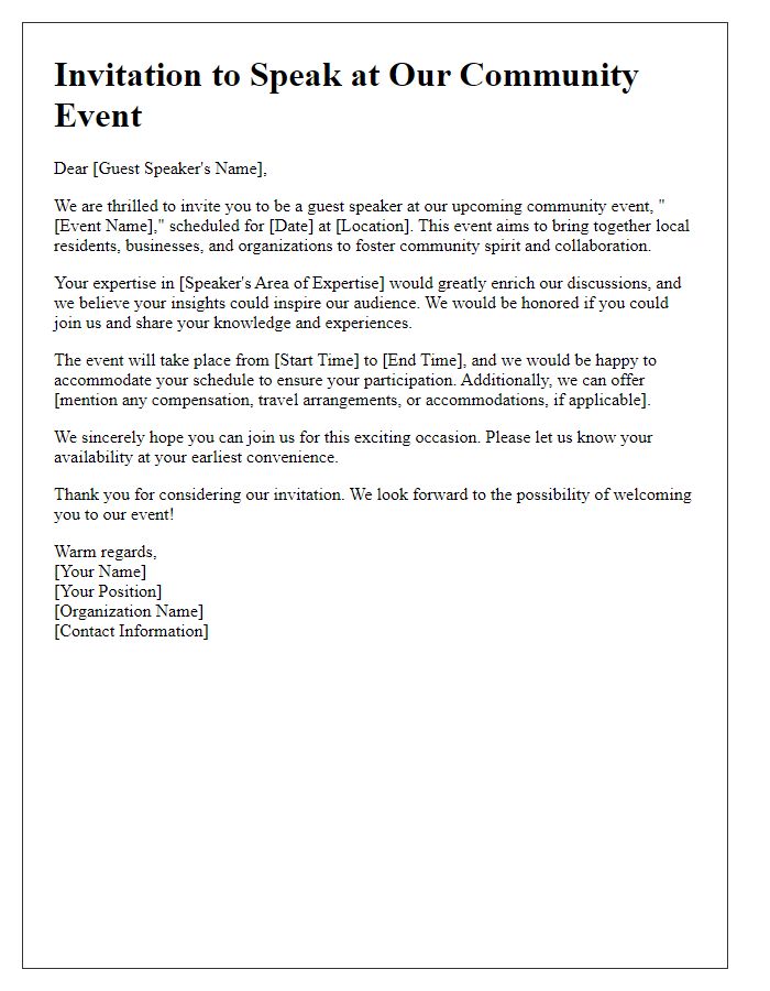 Letter template of invitation for a guest speaker at a community event.