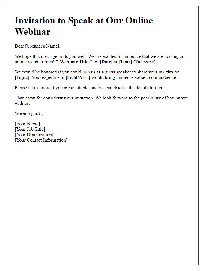 Letter template of invitation for a guest speaker in an online webinar.