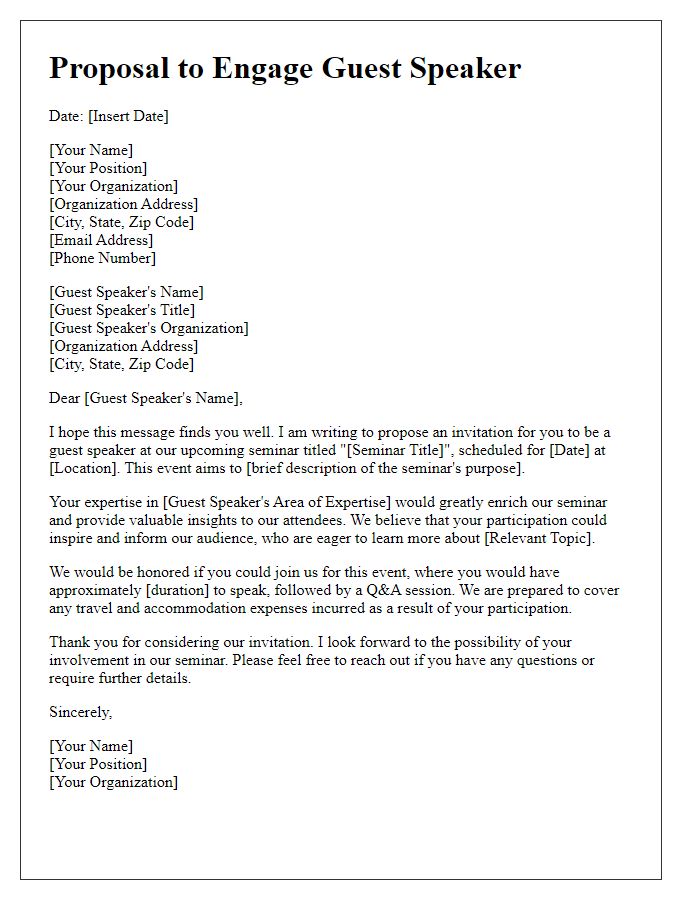 Letter template of proposal to engage a guest speaker for a seminar.