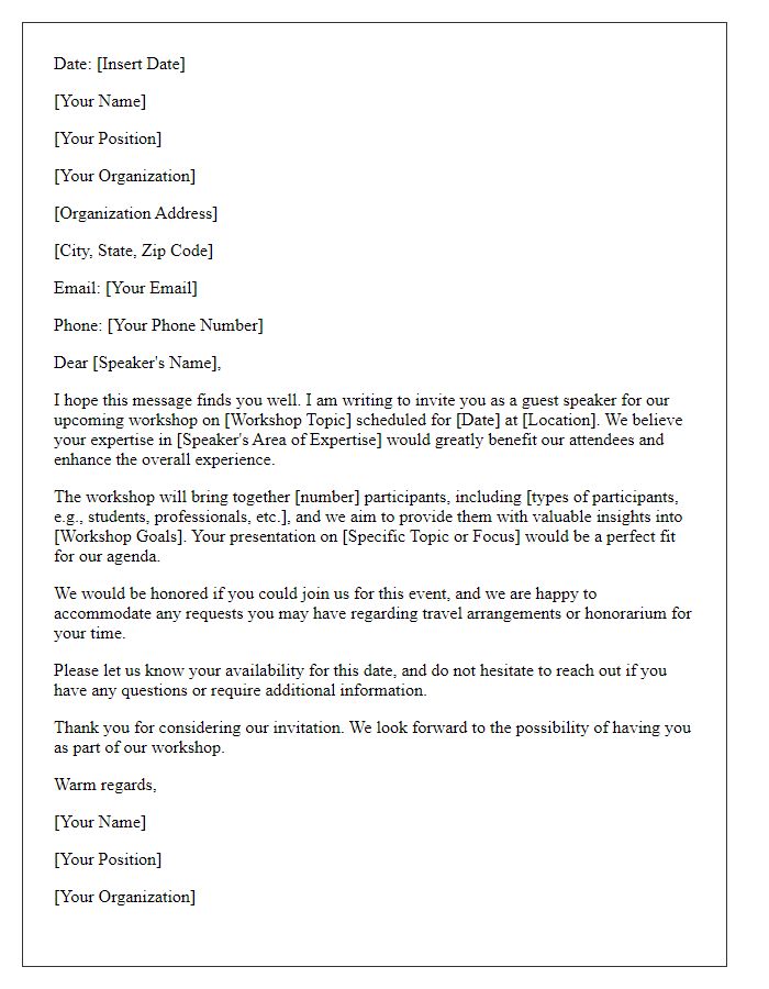 Letter template of request for a guest speaker to present at a workshop.