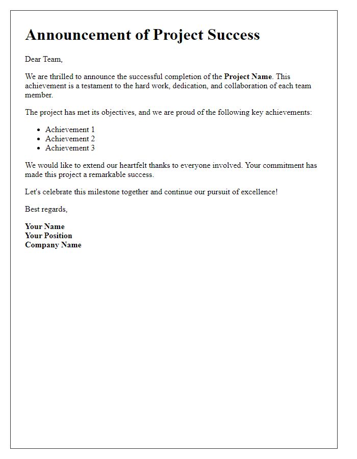 Letter template of Announcement for Project Success