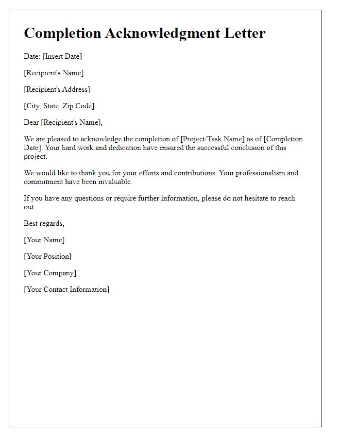 Letter template of Completion Acknowledgment