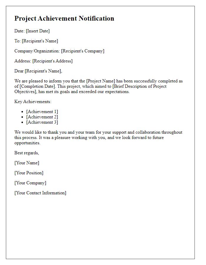 Letter template of Project Achievement Notification