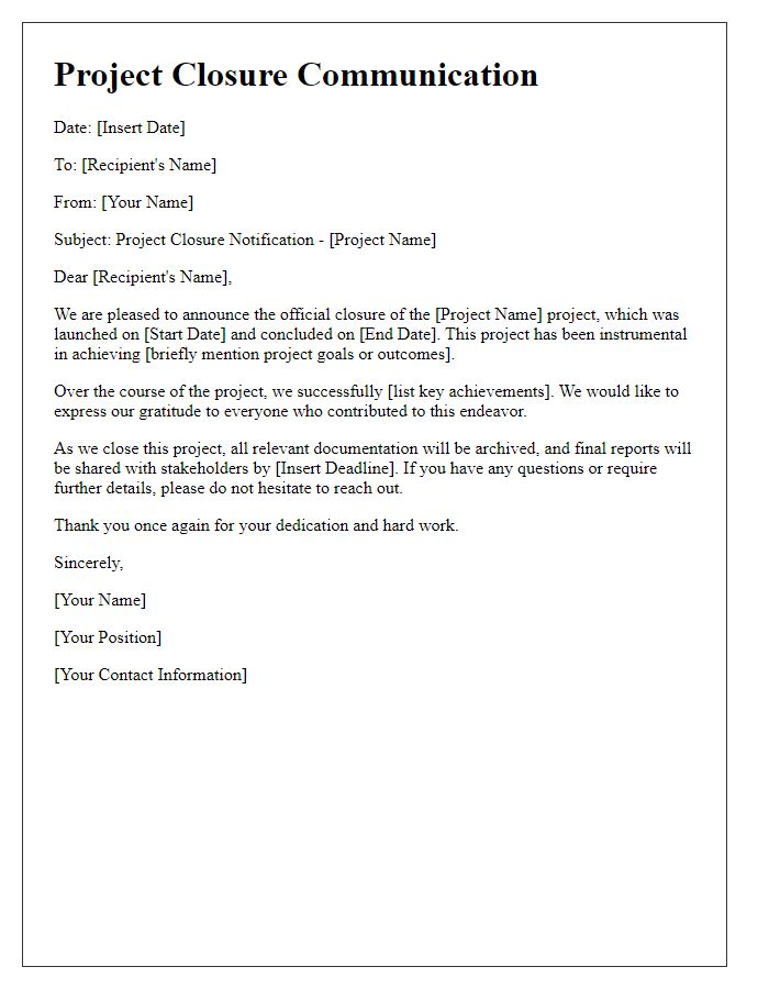 Letter template of Project Closure Communication