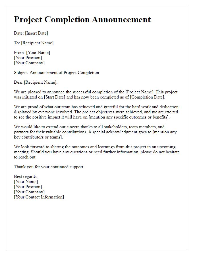 Letter template of Project Completion Announcement