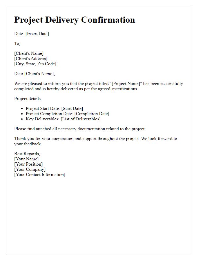 Letter template of Project Delivery Confirmation