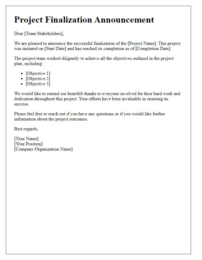 Letter template of Project Finalization Announcement