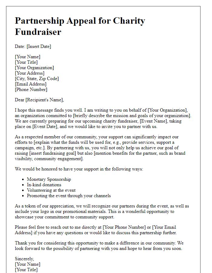 Letter template of partnership appeal for charity fundraiser