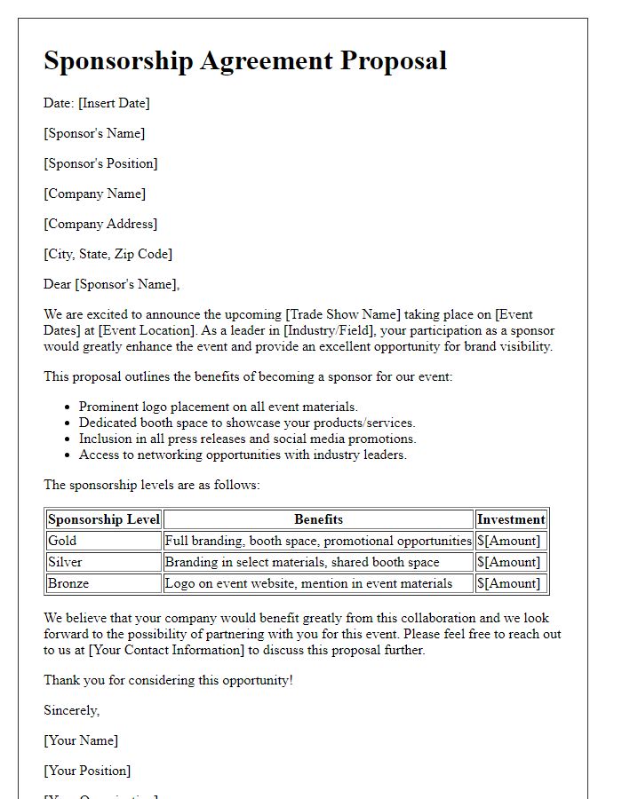 Letter template of sponsorship agreement proposal for trade show