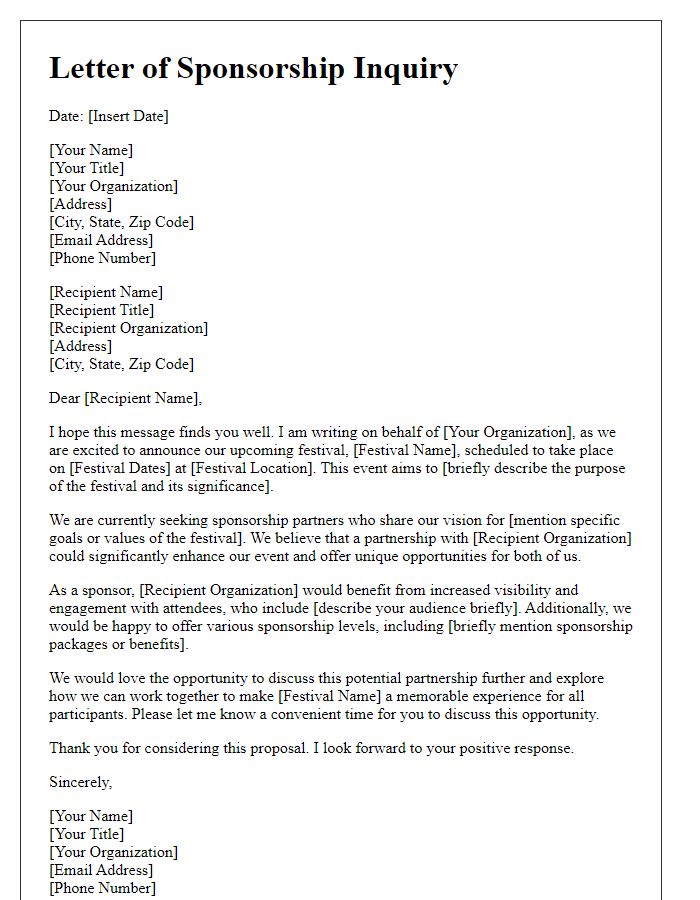 Letter template of sponsorship inquiry for festival participation