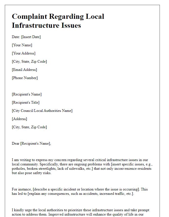 Letter template of complaint regarding local infrastructure issues