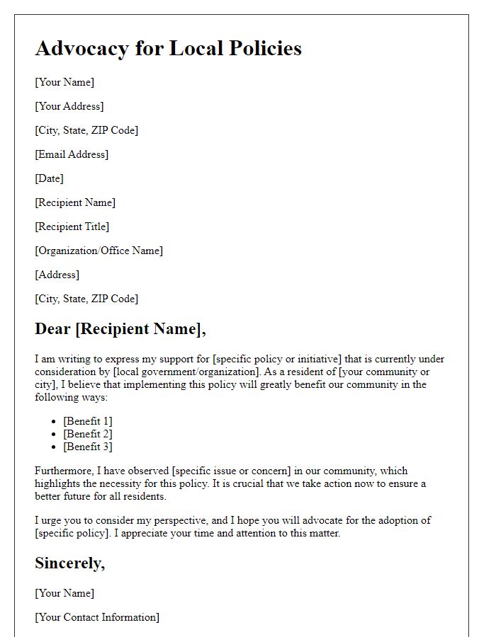 Letter template of expression for advocacy on local policies