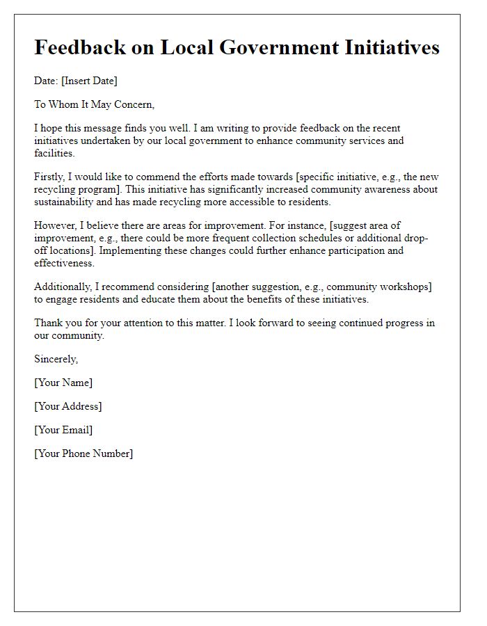 Letter template of feedback on local government initiatives