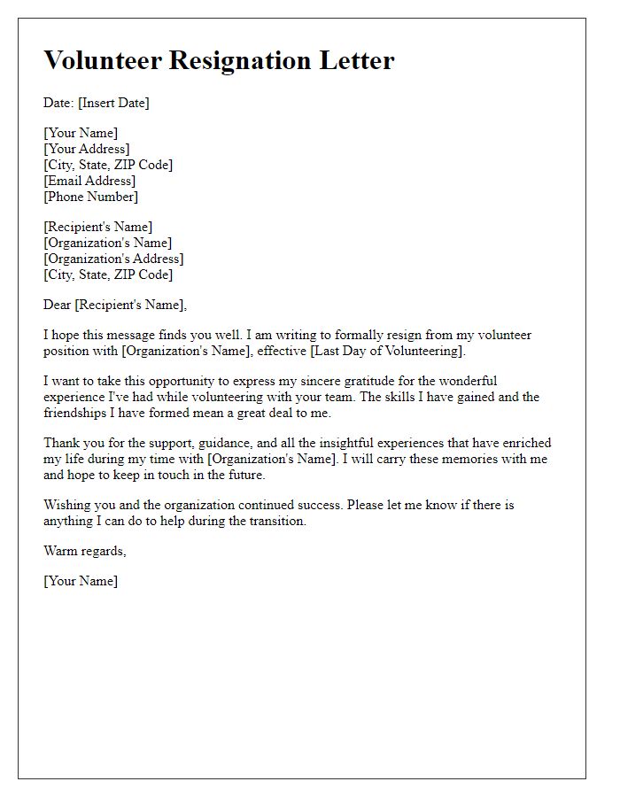 Letter template of appreciative volunteer resignation communication