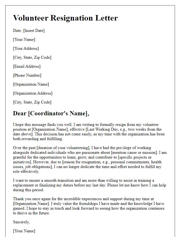 Letter template of detailed volunteer resignation explanation