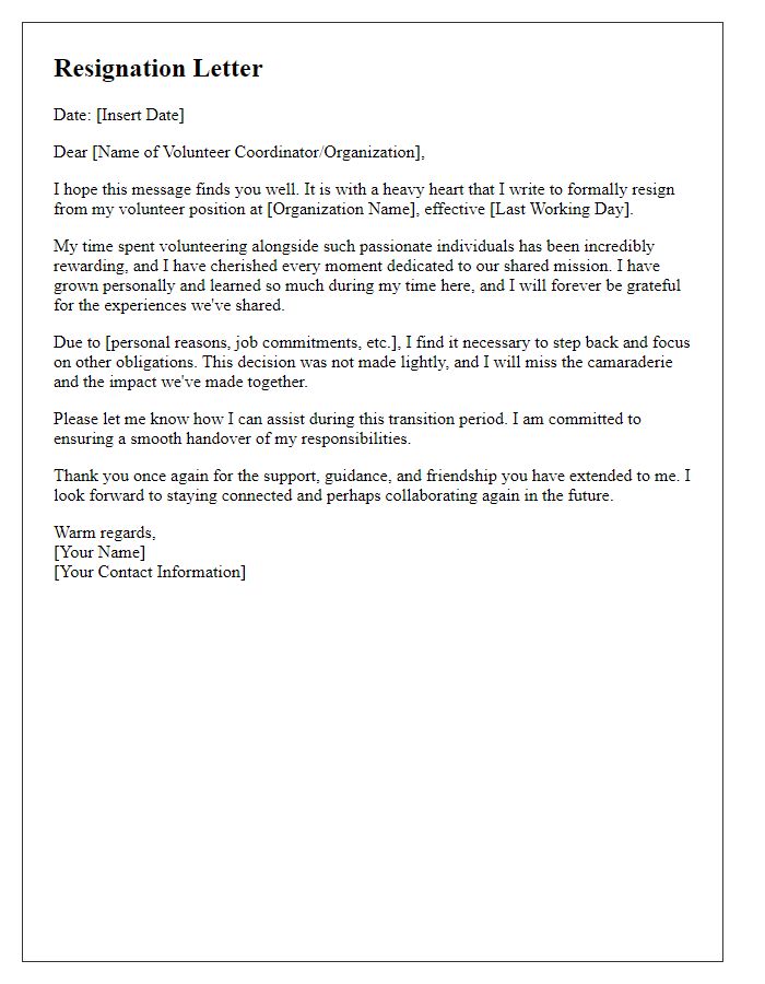 Letter template of heartfelt volunteer resignation message