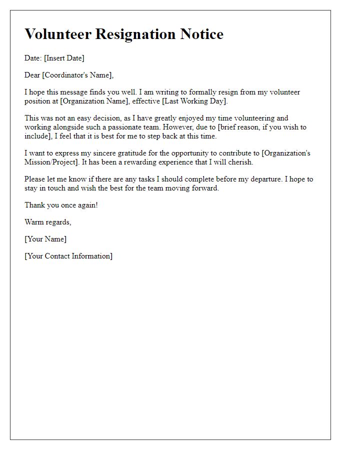 Letter template of informal volunteer resignation notice