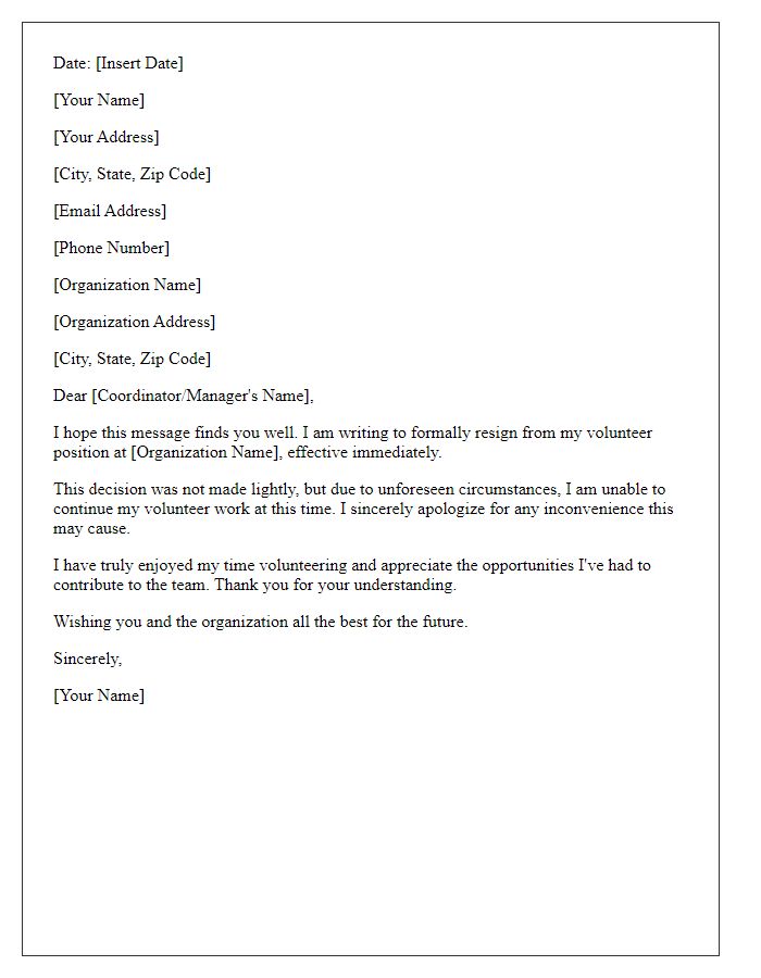 Letter template of last-minute volunteer resignation