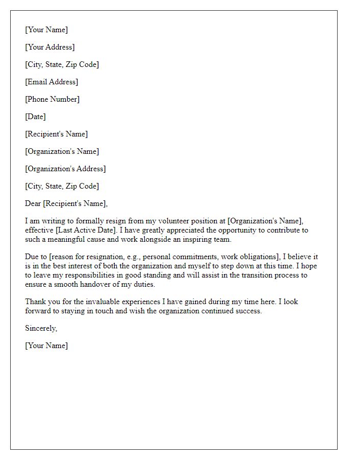 Letter template of professional volunteer resignation correspondence