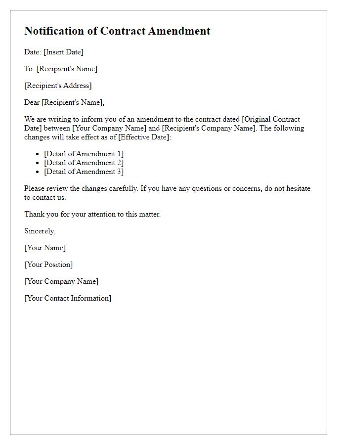 Letter template of notification for contract amendment