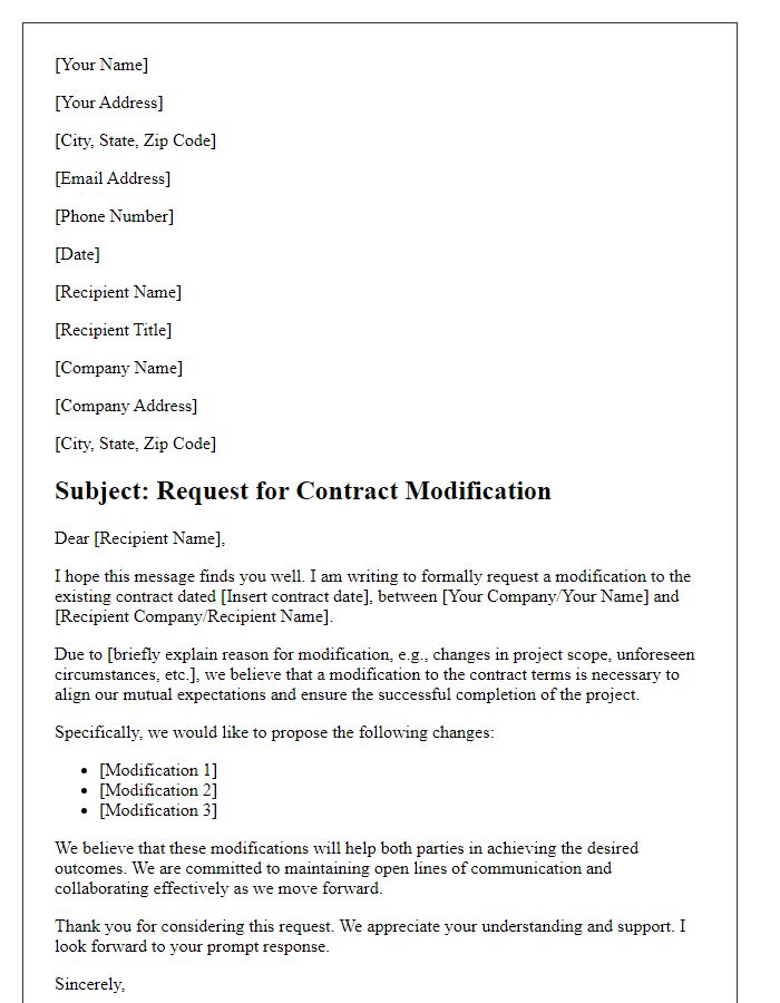 Letter template of request for contract modification