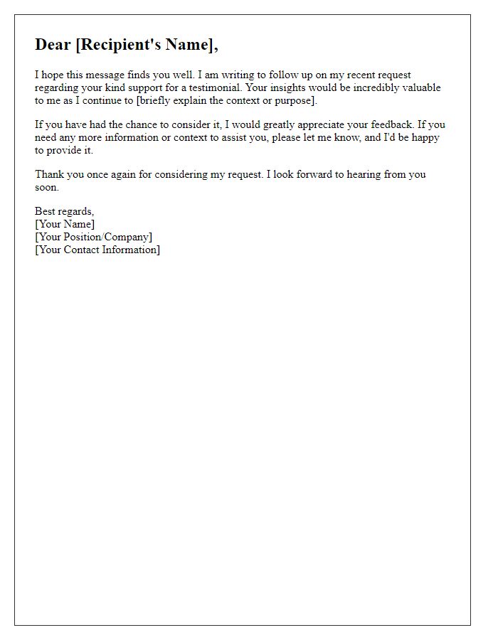 Letter template of follow-up on testimonial support